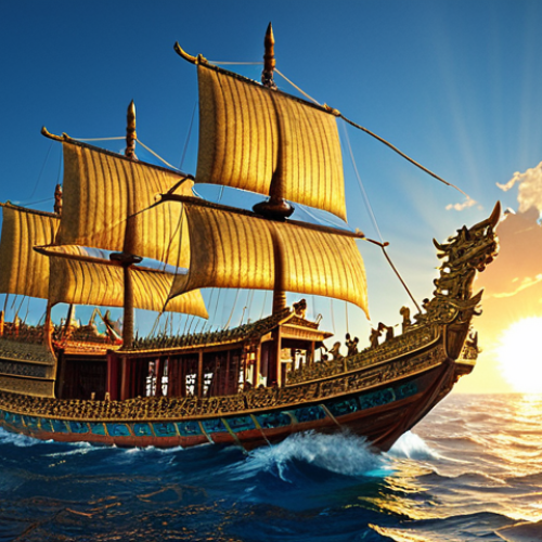 Home 4 **Prompt:** A majestic Ming Dynasty treasure ship, larger than European ships of the time, sailing through a vibrant blue ocean. Intricate details of the ship's construction, including reinforced hull and advanced navigation systems, are visible. The scene evokes a sense of exploration and technological prowess. Golden sunlight highlights the ship's details.