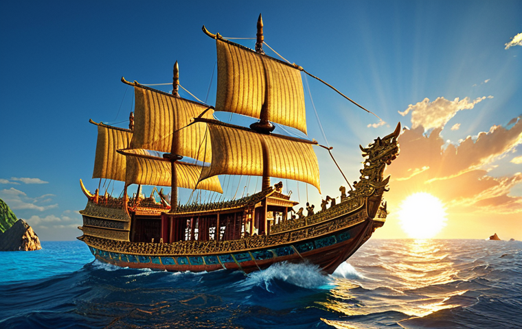 **Prompt:** A majestic Ming Dynasty treasure ship, larger than European ships of the time, sailing through a vibrant blue ocean. Intricate details of the ship's construction, including reinforced hull and advanced navigation systems, are visible. The scene evokes a sense of exploration and technological prowess. Golden sunlight highlights the ship's details.