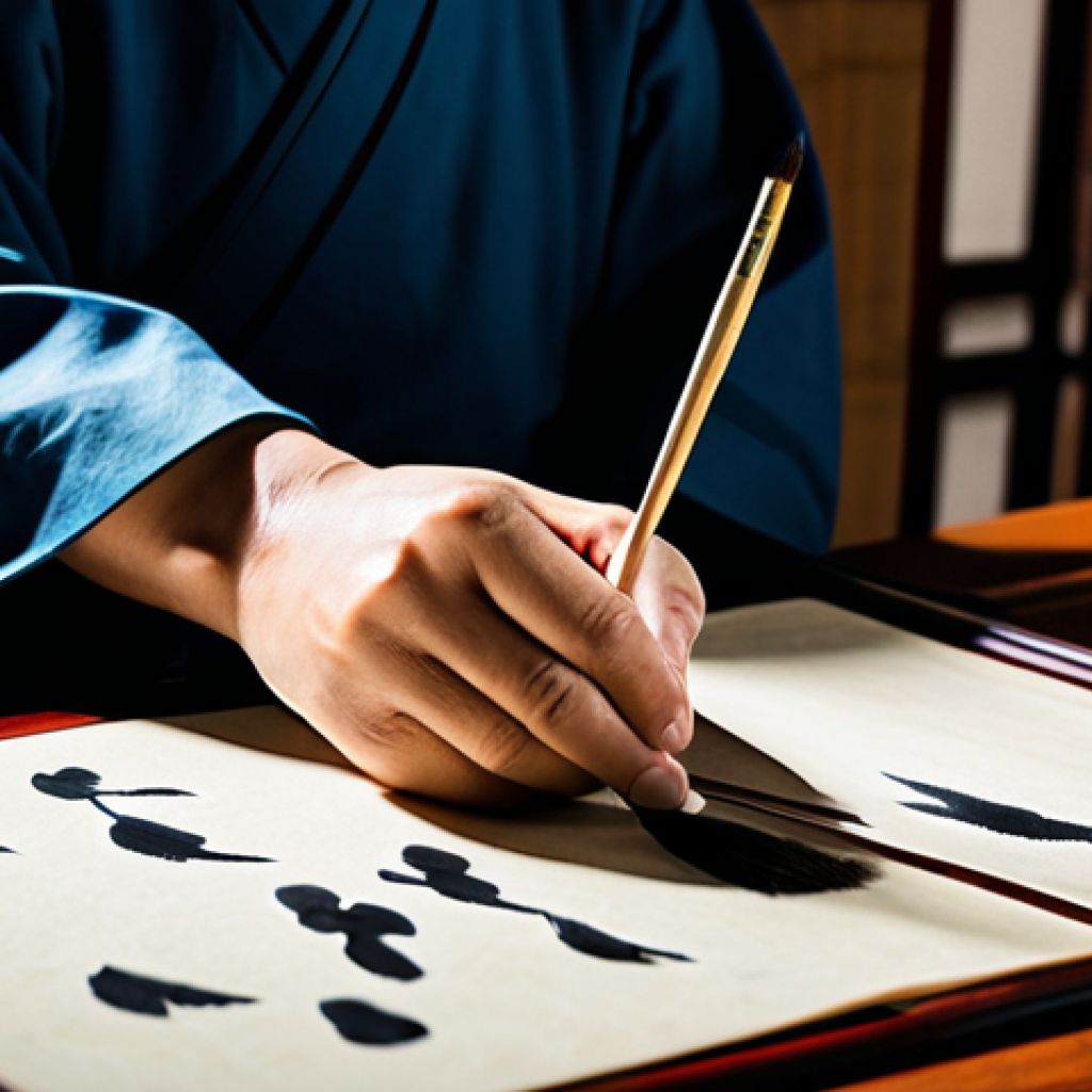 A serene calligrapher in modest traditional Chinese attire, fully clothed, seated at a polished wooden desk in a tranquil, subtly lit traditional Chinese study. The calligrapher's hand gently holds a traditional brush, poised above a sheet of Xuan paper, with a delicate ink stone and ink stick visible. Perfect anatomy, correct proportions, natural pose, well-formed hands, proper finger count, natural body proportions, professional photography, high quality, safe for work, appropriate content, family-friendly.