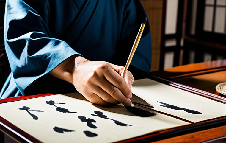 A serene calligrapher in modest traditional Chinese attire, fully clothed, seated at a polished wooden desk in a tranquil, subtly lit traditional Chinese study. The calligrapher's hand gently holds a traditional brush, poised above a sheet of Xuan paper, with a delicate ink stone and ink stick visible. Perfect anatomy, correct proportions, natural pose, well-formed hands, proper finger count, natural body proportions, professional photography, high quality, safe for work, appropriate content, family-friendly.