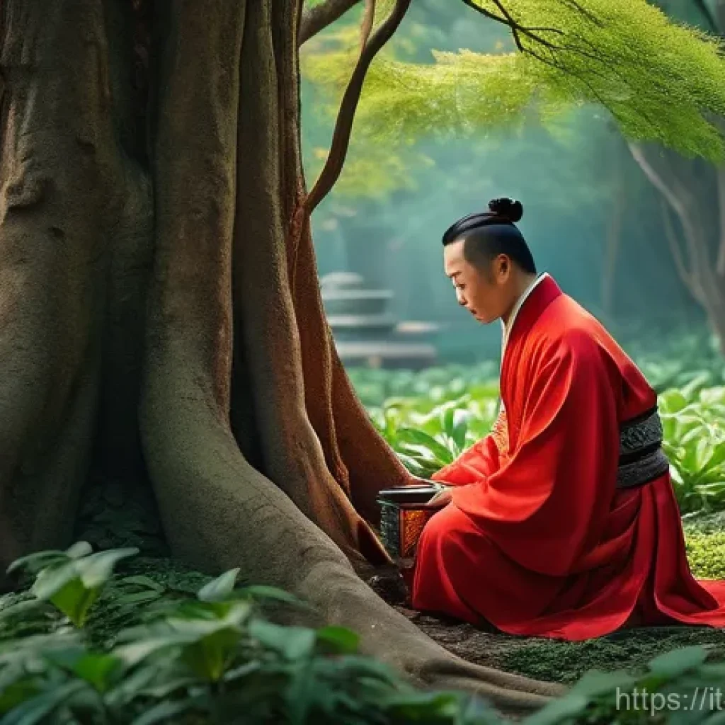 중국 전통 차 문화 - **The Mythical Discovery:**
    "An ancient Chinese emperor, Shen Nung, is depicted in a serene, lus...
