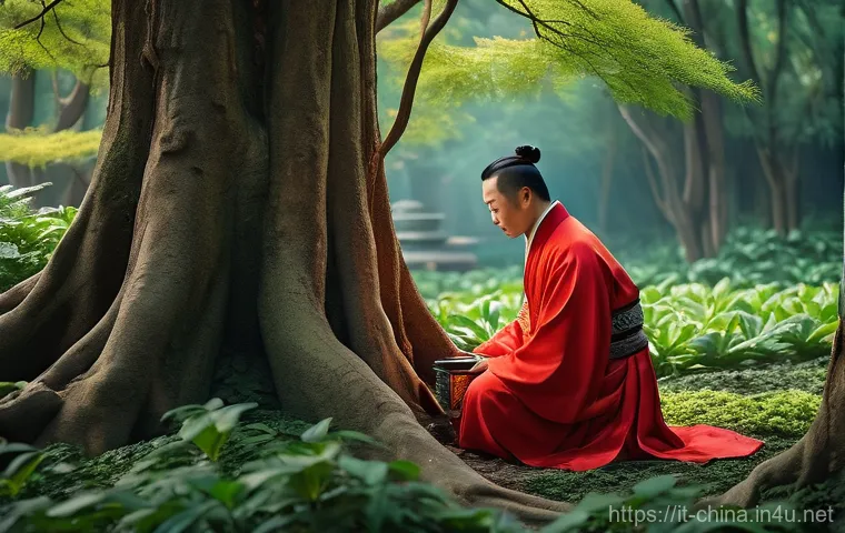 중국 전통 차 문화 - **The Mythical Discovery:**
    "An ancient Chinese emperor, Shen Nung, is depicted in a serene, lus...