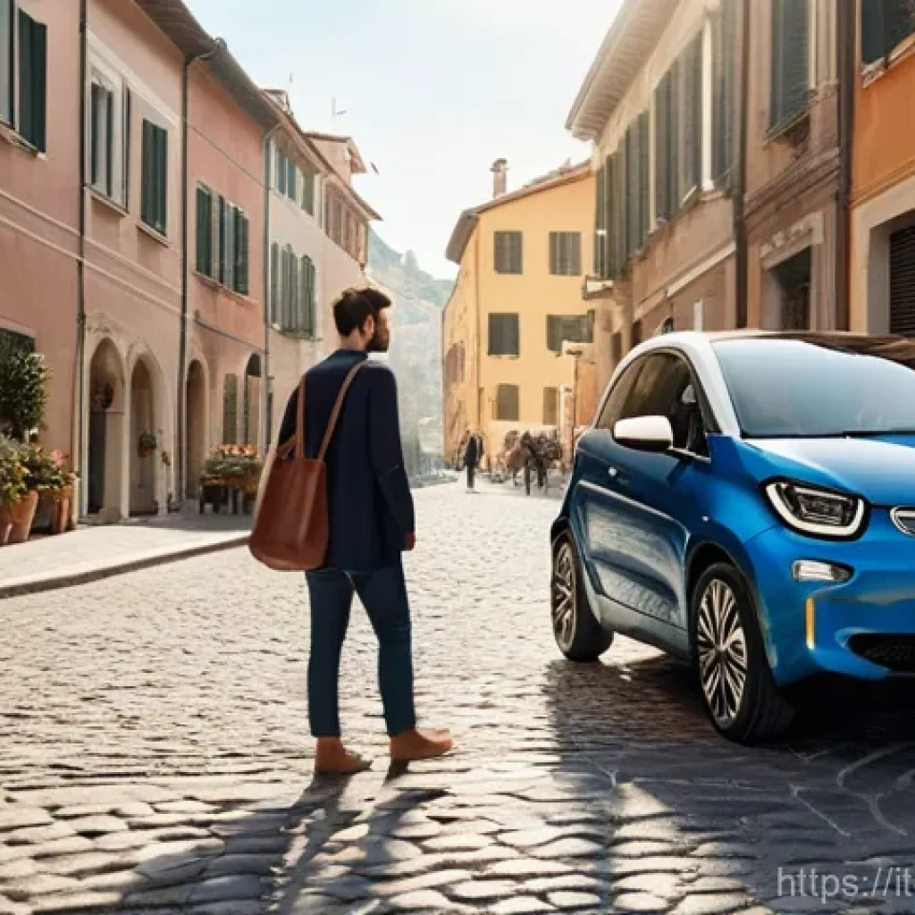 중국 내외 전기차 트렌드 - **"A sleek, compact electric car, reminiscent of a modern city car, is elegantly parked on a cobbles...
