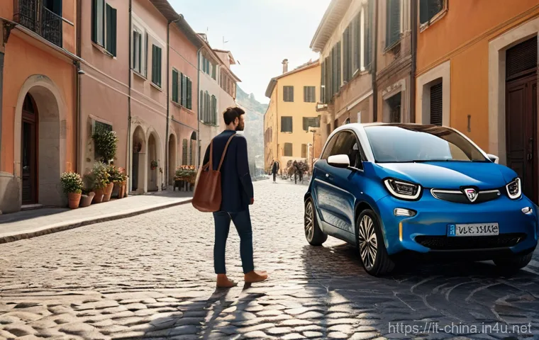 중국 내외 전기차 트렌드 - **"A sleek, compact electric car, reminiscent of a modern city car, is elegantly parked on a cobbles...