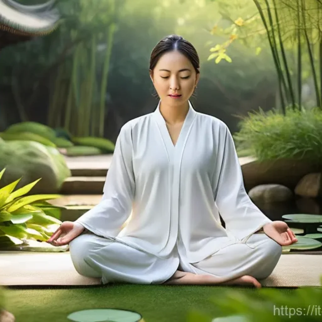 중국 전통 의학과 침술 - **Prompt:** A serene adult figure, depicted in a peaceful, lush garden setting, embodying the harmon...