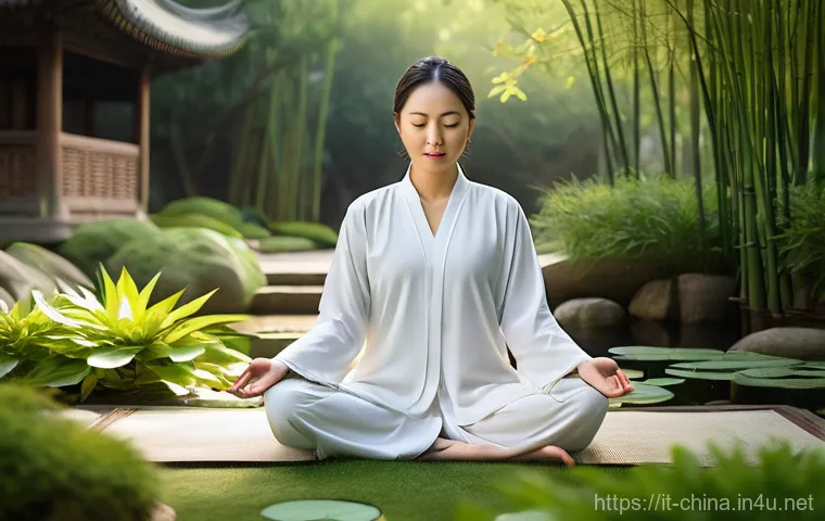 중국 전통 의학과 침술 - **Prompt:** A serene adult figure, depicted in a peaceful, lush garden setting, embodying the harmon...