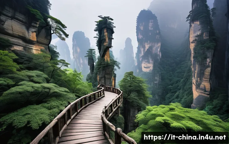 중국 장가계 자연 경관 - **Prompt 1: Mystical Floating Peaks of Zhangjiajie**
"A breathtaking panoramic view of the Zhang...