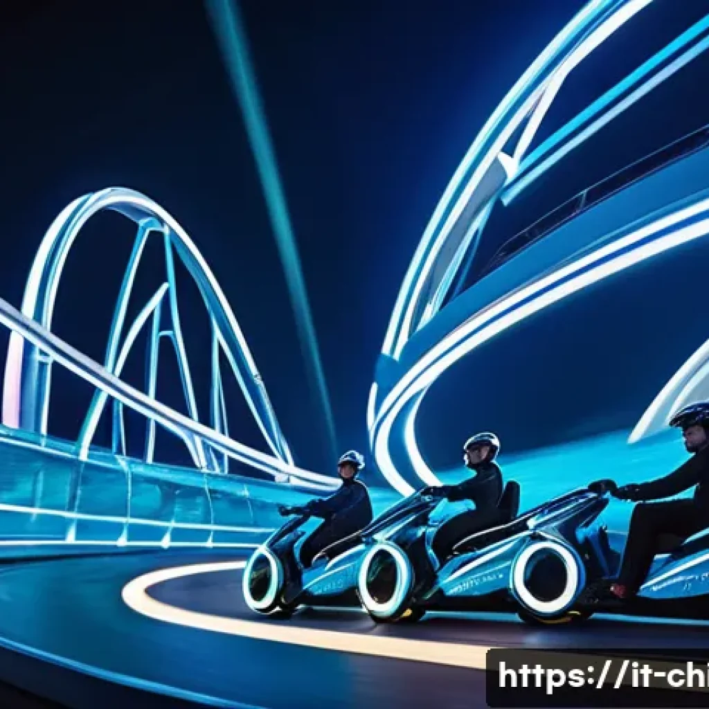 중국 상하이 디즈니랜드 가이드 - A dynamic, futuristic roller coaster scene featuring the Tron Lightcycle Power Run at Shanghai Disne...