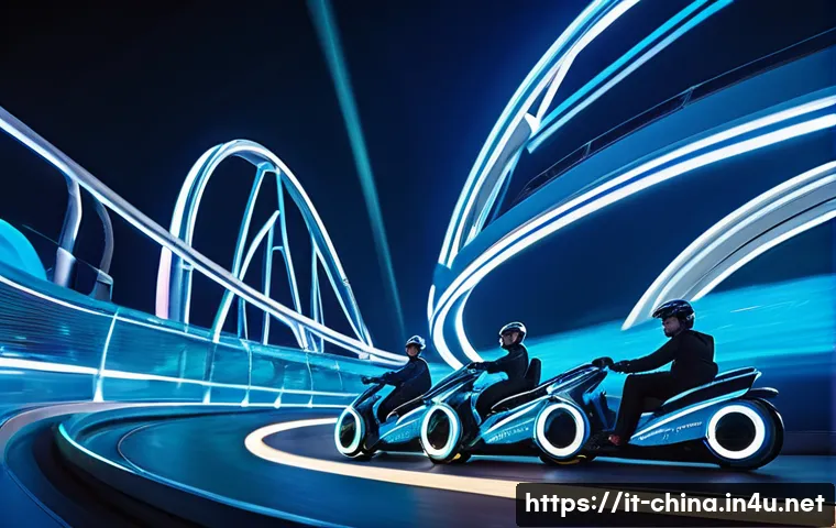 중국 상하이 디즈니랜드 가이드 - A dynamic, futuristic roller coaster scene featuring the Tron Lightcycle Power Run at Shanghai Disne...