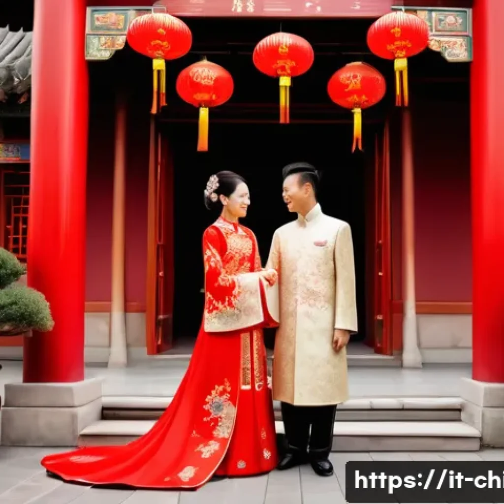 중국 전통 결혼 문화 - A traditional Chinese wedding scene featuring a bride and groom dressed in richly decorated red and ...