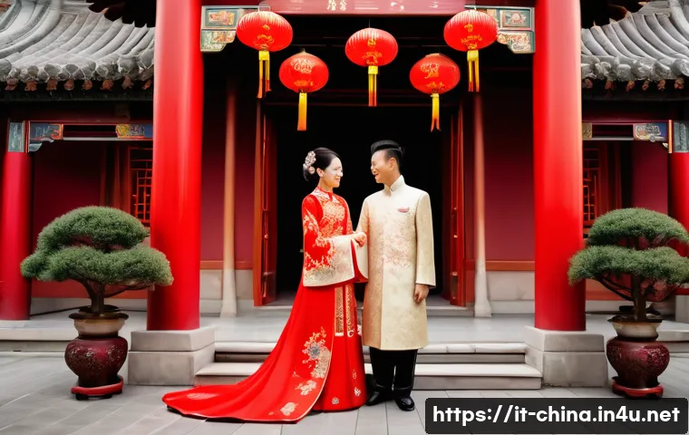 중국 전통 결혼 문화 - A traditional Chinese wedding scene featuring a bride and groom dressed in richly decorated red and ...