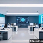 Home 22 중국 IT 기업과 스타트업 - A futuristic Chinese tech startup office interior showcasing young entrepreneurs collaborating with ...