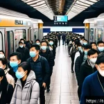 Home 19 중국 국경절 여행 제한사항 - A bustling Chinese metropolitan subway station during Golden Week, crowded with passengers wearing f...