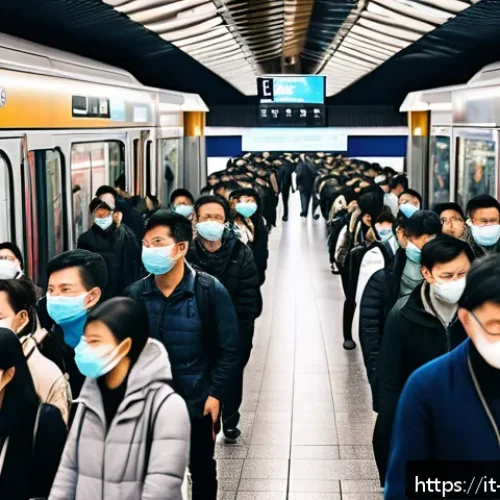 Home 31 중국 국경절 여행 제한사항 - A bustling Chinese metropolitan subway station during Golden Week, crowded with passengers wearing f...