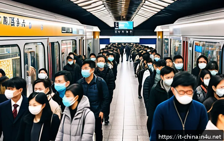 중국 국경절 여행 제한사항 - A bustling Chinese metropolitan subway station during Golden Week, crowded with passengers wearing f...