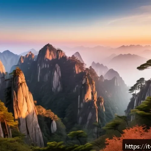 Home 30 중국 황산 일출 명소 - A breathtaking panoramic view of Huangshan mountain at sunrise, golden sunlight casting warm hues ov...