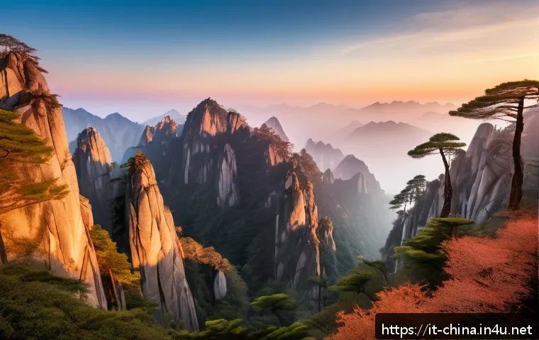 중국 황산 일출 명소 - A breathtaking panoramic view of Huangshan mountain at sunrise, golden sunlight casting warm hues ov...