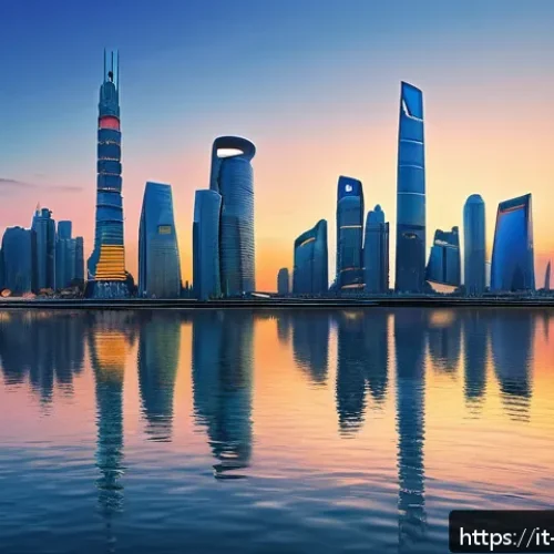 Home 17 중국 주요 경제구역 비교 - A futuristic coastal Chinese cityscape at dusk showcasing advanced technology hubs with sleek skyscr...