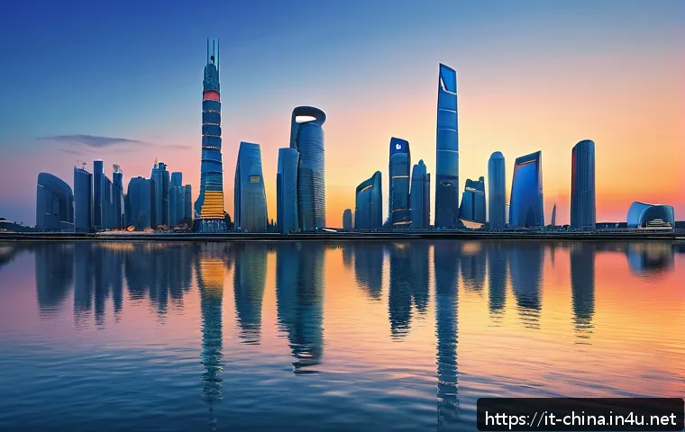 중국 주요 경제구역 비교 - A futuristic coastal Chinese cityscape at dusk showcasing advanced technology hubs with sleek skyscr...