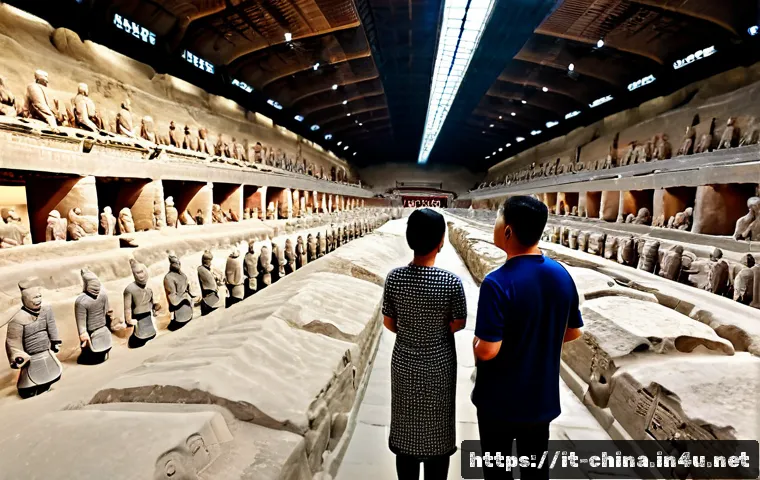 중국 시안 병마용 가이드 - Photorealistic travel scene inside the Xi’an Terracotta Army excavation hall, rows of life-size anci...