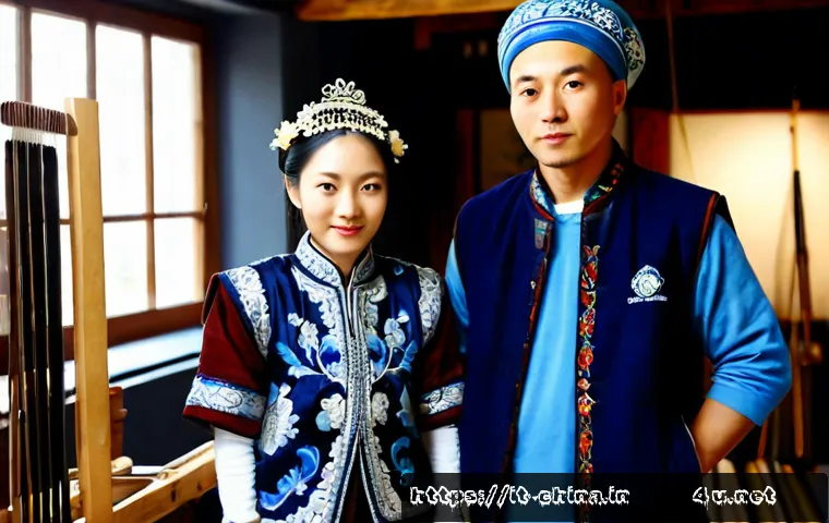 중국 소수민족 의상 및 언어 - Photorealistic cultural portrait of two adult Chinese ethnic minority artisans in distinct tradition...